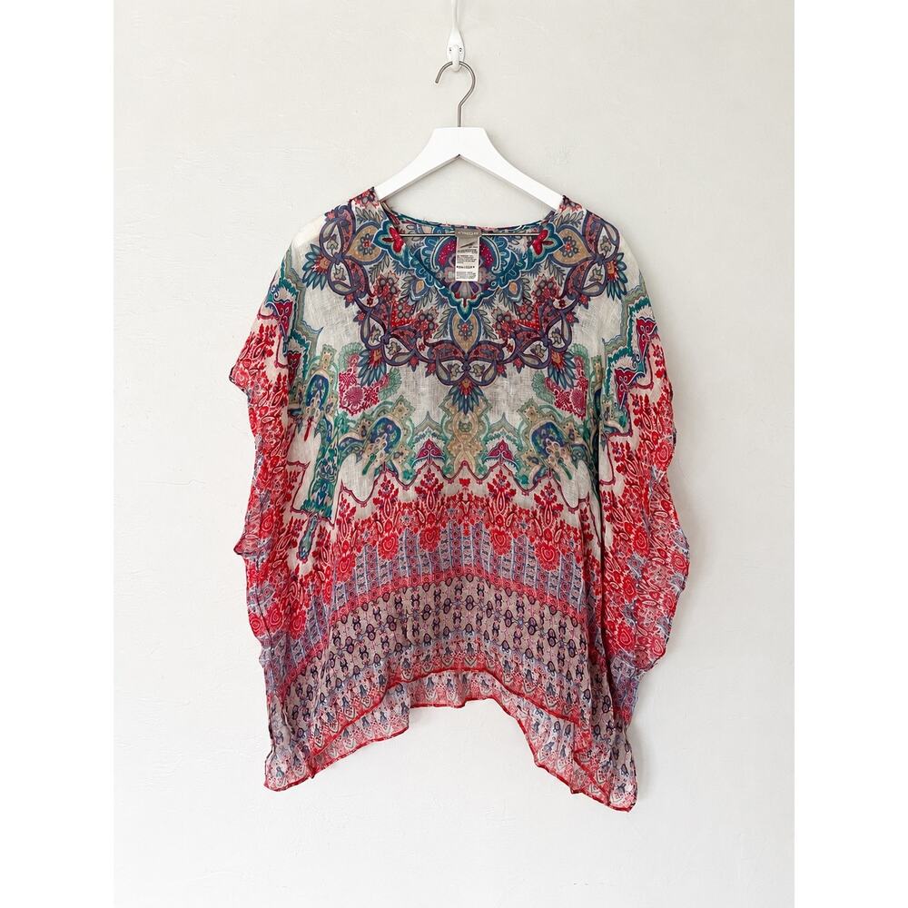 Chico’s Paisley Print 100% Linen Poncho Top S/M Boho Coastal